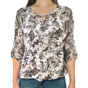 U. Style Sheer Floral Crossover Style Blouse Size S Gold Chain Detail NEW